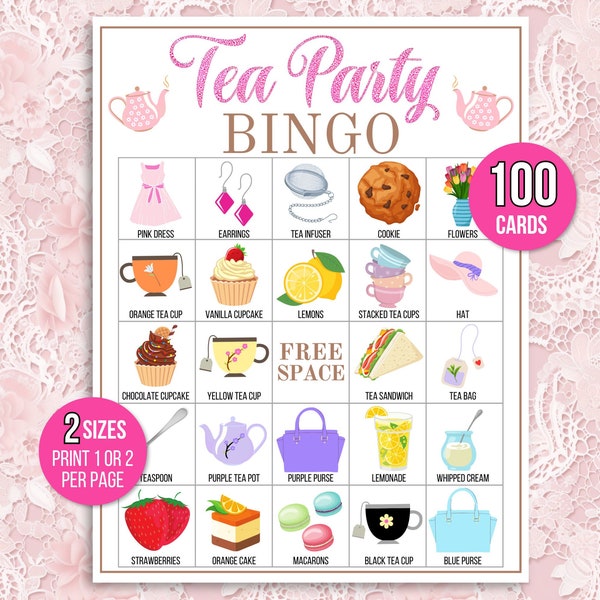 Tea Party Bingo, 100 Unique Printable Tea Party Bingo Cards, Tea Party Game, Tea Party Activity, Birthday or Bridal Shower Bingo, Tea Game