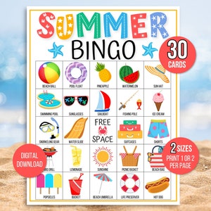 Summer Bingo, 30 Summer Bingo Cards, Summer Game, Summer Activity, Kid's Printable Bingo, Summer Bingo Game for Kids, Summer Vacation Bingo image 1