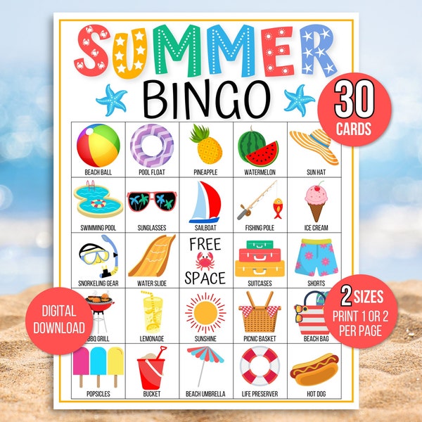 Zomerbingo, 30 zomerbingokaarten, zomerspel, zomeractiviteit, afdrukbare bingo voor kinderen, zomerbingospel voor kinderen, zomervakantie bingo