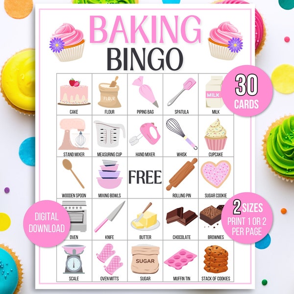 Bakken Bingo, 30 afdrukbare Bakken Bingokaarten, Bakken Verjaardag, Bakken Party Game, Bakken Verjaardagsfeestje, Bakken Printable, Girl Bingo