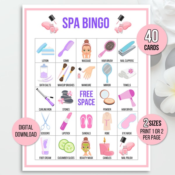 Spa Bingo, 40 Spa Bingo Cards, Spa Birthday Party Game, Girls Party Game, Spa Party, Spa Game, Pamper Party, Manicure Party, Pedicure Party