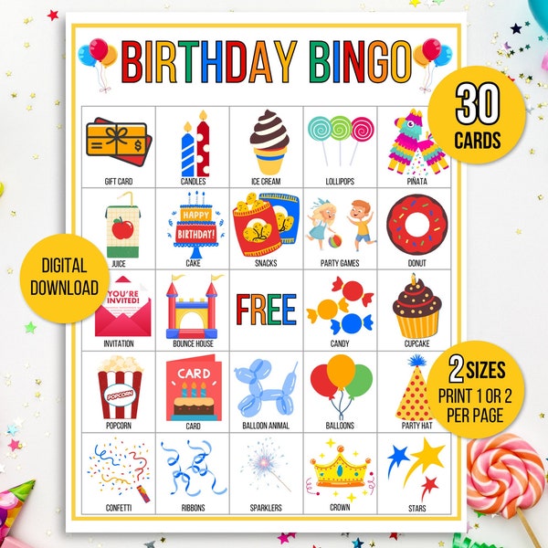 Birthday Bingo, 30 Birthday Party Bingo Cards, Birthday Game, Happy Birthday Bingo Board Game, Kid's Birthday Party Game, Party Printable