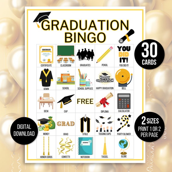 Graduation Bingo, 30 Graduation Bingo Cards, Graduation Activity For Kids, Graduation Party Game, Graduation Activity, Graduation Game
