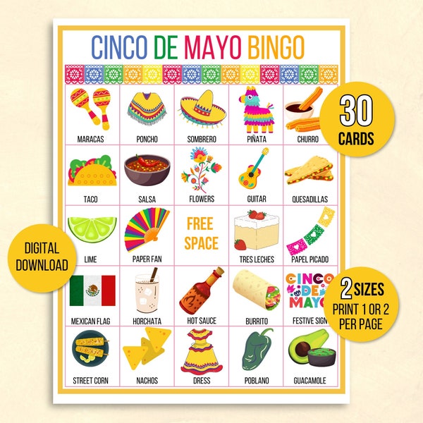 Bingo del Cinco de Mayo, 30 tarjetas de bingo imprimibles del Cinco de Mayo, actividad del Cinco de Mayo para niños, juego de fiesta del Cinco de Mayo, actividad en el aula