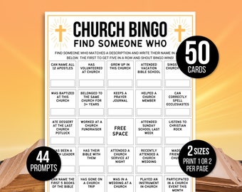 May include: A printable church bingo game with 50 cards and 44 prompts. The game is designed to find someone who matches a description. The prompts include things like "Can name all 12 apostles", "Has volunteered at church", "Grew up in this church", "Attended vacation bible school", "Sings in church", "Was baptized at this church", "Belonged to the same church for 3+ years", "Keeps a prayer journal", "Helped a church member", "Can correctly spell Ecclesiastes", "Ate dessert at the last church potluck", "Worked at a church fundraiser", "Attended Sunday school last week", "Listens to Christian rock", "Has been a church leader", "Has their bible with them", "Has gone on a church trip", "Attended a church service at night", "Was in a wedding at a church", "Recently attended a church wedding", "Played an instrument in church", "Made friends at church", "Participated in a church event this month".