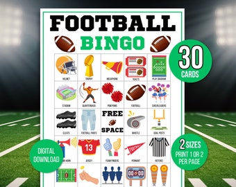 May include: A printable football bingo card with 30 cards included. The card features images of football related items such as a helmet, trophy, megaphone, tickets, play diagram, stadium, quarterback, pom poms, football, cheerleaders, cleats, football pants, whistle, goal posts, air horn, jersey, foam fingers, pennant, referee, field, coin toss, blocking sled, scoreboard, and yard markers.