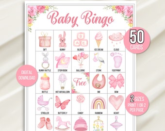 Baby Girl Bingo, 50 Baby Shower Bingo Cards, Baby Girl Shower Printable Game, Baby Bingo Game, Baby Girl Bingo Cards, Baby Sprinkle, Pink
