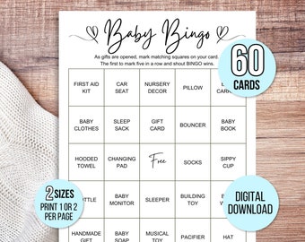 60 Baby Shower Bingo Cards, Unique Prefilled Baby Bingo Game Cards, Baby Gift Bingo Cards, Baby Shower Bingo Game, Minimalist Baby Bingo