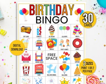 Birthday Bingo, 30 Birthday Party Bingo Cards, Birthday Game, Happy Birthday Bingo Board Game, Kid's Birthday Party Game, Birthday Activity
