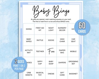 Baby Boy Bingo, 60 Baby Boy Bingo Cards, Baby Shower Bingo, Baby Shower Game, Baby Bingo and Markers, Baby Sprinkle Bingo, Baby Sprinkle