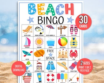 Beach Bingo, 30 Printable Beach Bingo Cards, Summer Bingo, Fun in the Sun Bingo, Beach Game, Beach Activity, Kid's Printable Bingo Game
