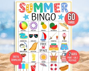 Summer Bingo, 60 Summer Bingo Cards, Summer Game, Summer Activity, Kid's Printable Bingo, Summer Bingo Game for Kids, Summer Vacation Bingo