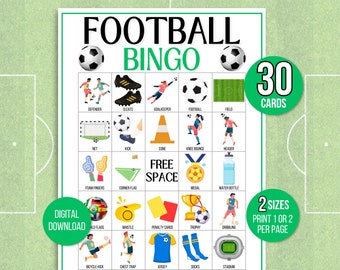 フットボールビンゴ、30枚のフットボールビンゴカード、サッカーゲーム、サッカーアクティビティ、フットボールビンゴ、フットボールゲーム、サッカービンゴゲーム、キッズサッカーゲーム
