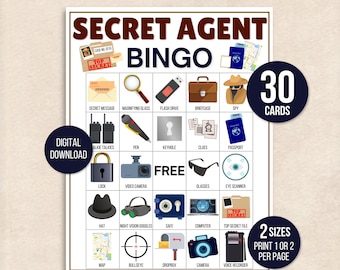 Bingo del agente secreto, 30 tarjetas de bingo del agente secreto para imprimir, juego de fiesta del agente secreto, actividad del agente secreto, bingo de fiesta de cumpleaños del agente secreto