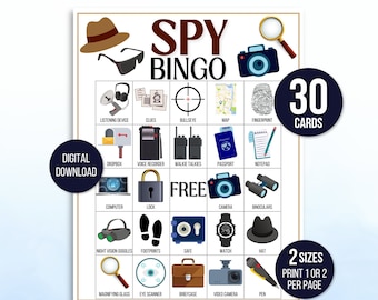 Bingo de espías, 30 tarjetas de bingo de espías para imprimir, juego de fiesta de espías, actividad de espías, bingo de fiesta de cumpleaños de espías, fiesta temática de espías, juego de agente secreto