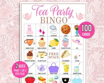 Tea Party Bingo, 100 Unique Printable Tea Party Bingo Cards, Tea Party Game, Tea Party Activity, Birthday or Bridal Shower Bingo, Tea Game