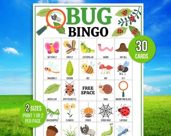 Bugbingo, 30 afdrukbare bugbingokaarten, insectenbingo, natuurbingo, insectenfeestspel, campingbingo, natuurspeurtocht, natuurspel