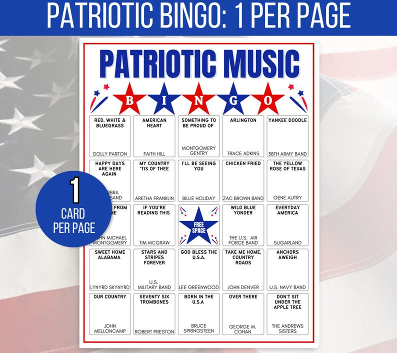 Music Bingo, Patriotic Music Bingo, Fourth of July Bingo Cards, Patriotic Bingo, Independence Day Bingo, 4th of July Game, Veterans Bingo