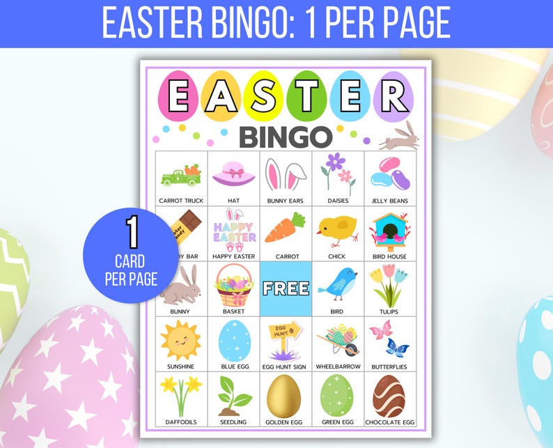 Easter Bingo, 50 Printable Easter Bingo Cards, Easter Activity For Kids, Kids Easter Party Game, Easter Classroom Activity, Easter Game