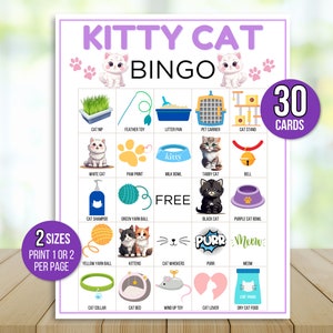 Cat Bingo, 30 afdrukbare Kitty Cat bingokaarten, Cat Birthday Party Game, Cat Party Game, Kitten Bingo, Kitty Party Game, Verjaardagsfeestje Bingo
