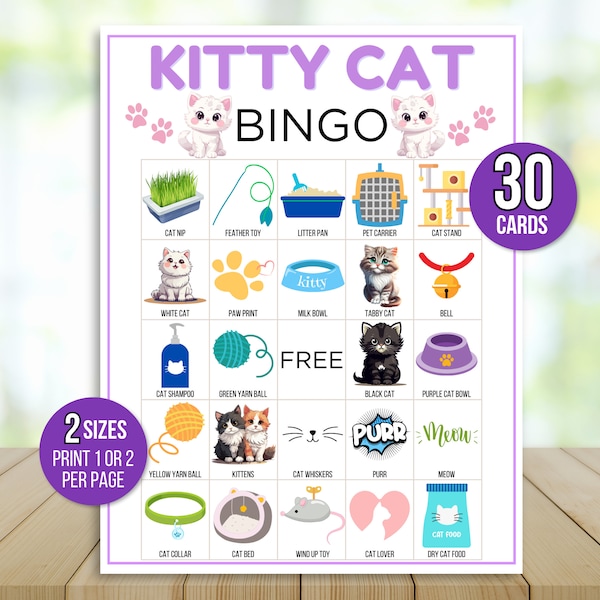 Cat Bingo, 30 Printable Kitty Cat Bingo Cards, Cat Birthday Party Game, Cat Party Game, Kitten Bingo, Kitty Party Game, Birthday Party Bingo