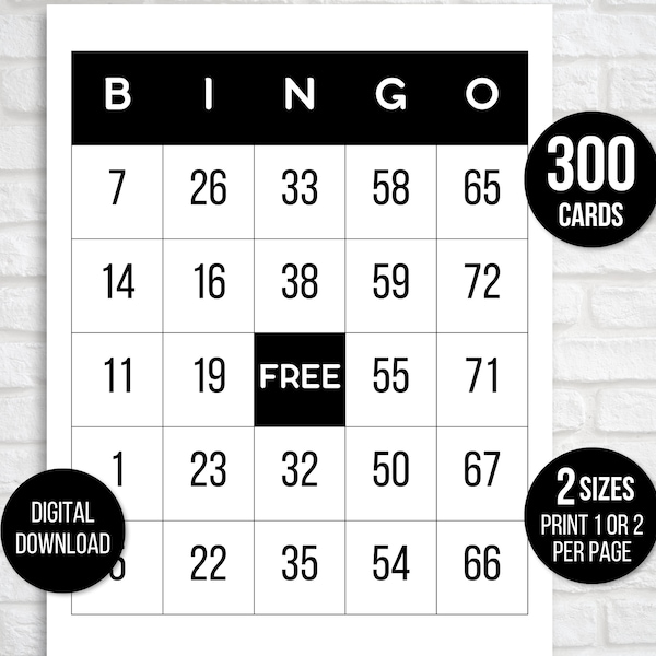 300 Bingo Cards, 1, 2, or 4 Per Page, Fun Party Game, Classroom Activity, Carte Bingo for Kids, Kids Printable Bingo Game, Black & White