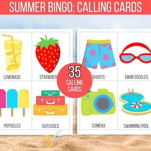 K&ouml;nnte beinhalten: Ein Satz von 35 Sommer-Bingo-Rufkarten mit Bildern von Limonade, Erdbeeren, Shorts, Schwimmbrillen, Eis am Stiel, Koffern, einer Kamera und einem Schwimmbad. Die Karten sind auf wei&szlig;em Papier gedruckt mit einem roten Kreis um die Zahl 35 und den Worten "Rufkarten".
