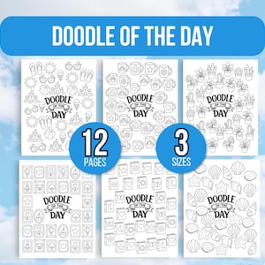 Peut inclure: Un ensemble de 12 pages de coloriage imprimables intitulées Doodle of the Day, présentant des dessins au trait noir et blanc d'objets d'été, de tasses, de plantes, d'icônes encadrées, de livres et de coquillages, avec deux badges bleus.