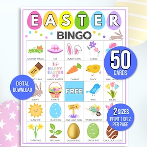 Easter Bingo, 50 Printable Easter Bingo Cards, Easter Activity For Kids, Kids Easter Party Game, Easter Classroom Activity, Easter Game