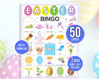 Paasbingo, 50 afdrukbare paasbingokaarten, paasactiviteit voor kinderen, Paasfeestspel voor kinderen, paasactiviteit in de klas, paasspel