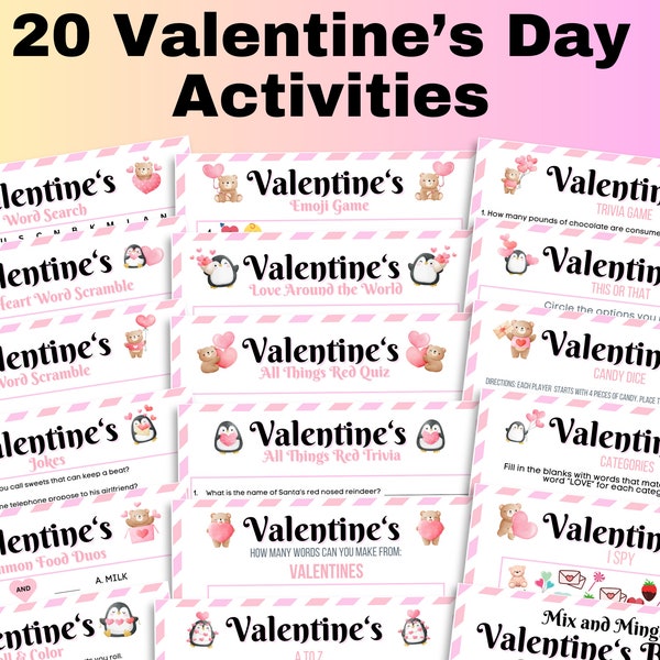 20 Printable Valentine's Day Activities, Valentine's Day Activity Bundle, Valentine's Coloring, Valentine's Day Party Games, Valentines Game