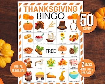Puede incluir: Una tarjeta de bingo de Acción de Gracias con 50 tarjetas. La tarjeta tiene una cuadrícula de 5x5 con imágenes de alimentos, decoraciones y símbolos tradicionales de Acción de Gracias. Las imágenes incluyen una calabaza, un pavo, trigo, un sombrero de peregrino, un hueso de la suerte, rollos, salsa de arándanos, una flor de mayo, un girasol, una cornucopia, una tarta de manzana, bellotas, un árbol, una piña, una ardilla, salsa, maíz, hojas, feliz Acción de Gracias, manzanas, un paseo en heno, una tarta de calabaza, una calabaza y puré de patatas.