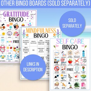 May include: Three colorful bingo cards with different themes: Gratitude, Mindfulness, and Self Care. Each card has a 5x5 grid with various activities related to the theme. The cards are printed on white paper with a light blue background.