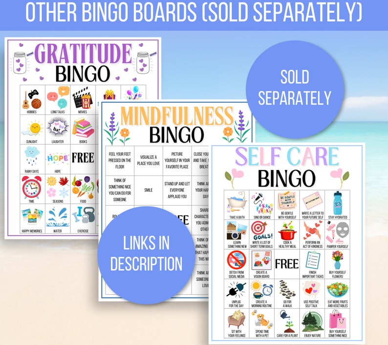 May include: Three colorful bingo cards with different themes: Gratitude, Mindfulness, and Self Care. Each card has a 5x5 grid with various activities related to the theme. The cards are printed on white paper with a light blue background.