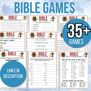 May include: A collection of printable Bible-themed games. The games include word searches, word scrambles, emoji games, and more. The games are perfect for a church event, Sunday school, or family game night.