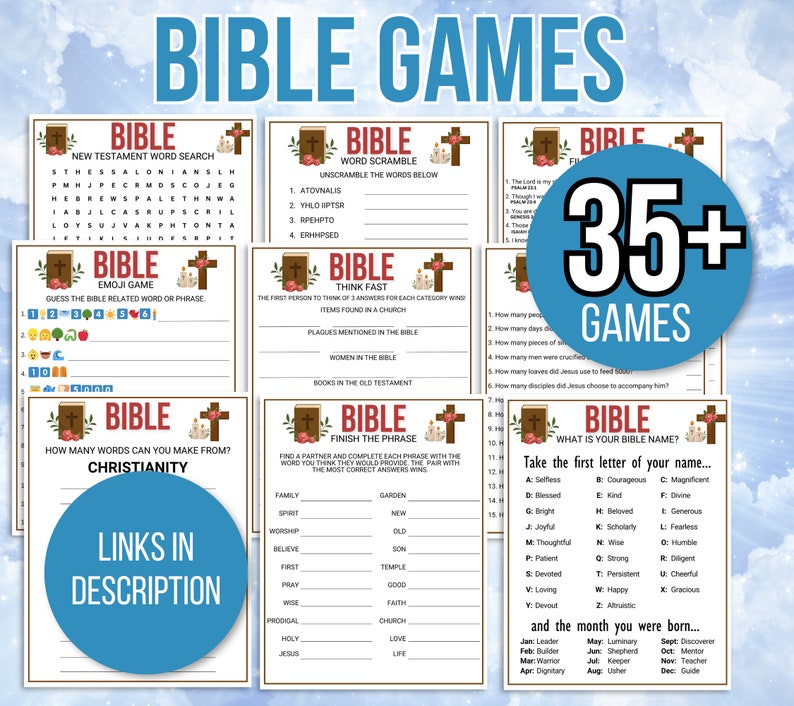 May include: A collection of printable Bible-themed games. The games include word searches, word scrambles, emoji games, and more. The games are perfect for a church event, Sunday school, or family game night.