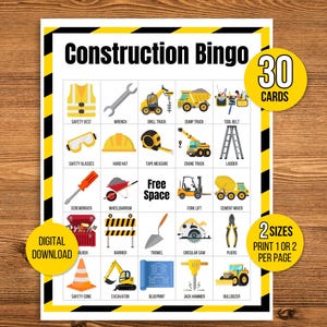 Bingo construction, 30 cartes de bingo construction imprimables, Anniversaire construction, Jeu de construction, Fête d'anniversaire construction