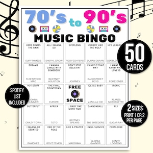 Muziekbingo uit de jaren 70, 80, 90, Decades of Hits Bingo, Bingo uit de jaren 70 tot 90, Muziekbingo uit de jaren 70, Muziekbingo uit de jaren 80, Muziekbingo uit de jaren 90, 50 muziekbingokaarten