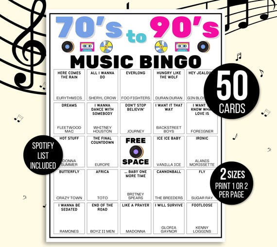 70s, 80s, 90s Music Bingo, Decades of Hits Bingo, 70s to 90s Bingo, 70s Music Bingo, 80s Music Bingo, 90s Music Bingo, 50 Music Bingo Cards