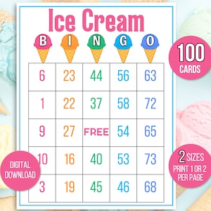 Bingo à la crème glacée, 100 cartes de bingo à crème glacée imprimables, Anniversaire de crème glacée, Jeu de crème glacée, Fête d&#39;anniversaire de crème glacée, Jeu de crème glacée
