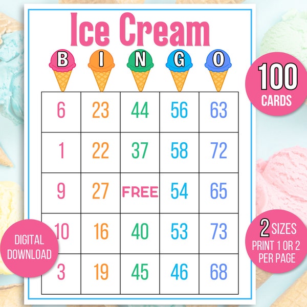 Ice Cream Bingo, 100 Printable Ice Cream Bingo Cards, Ice Cream Birthday, Ice Cream Party Game, Ice Cream Birthday Party, Ice Cream Game