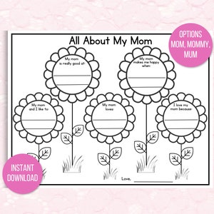 Cuestionario para completar "Todo sobre mi mamá", manualidad para el Día de la Madre, página para colorear para el Día de la Madre, regalo para mamá de parte de los niños, regalo para el Día de la Madre