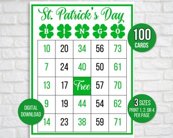 St. Patrick's Day Bingo, 100 St. Patrick's Day Bingo Cards, St. Patrick's Day Activity, St. Patrick's Party Game, St. Paddy's Activity