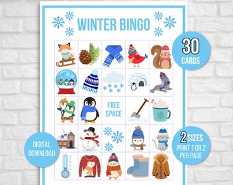 Winter Bingo, 30 Printable Winter Bingo Cards, Winter Activity For Kids, Kids Winter Party Game, Winter Classroom Activity, Instant Download