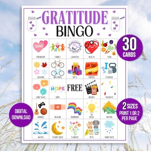 Bingo de gratidão, 30 cartões de bingo de gratidão, bingo de atenção plena, atividade de gratidão, jogo de gratidão, atividade de aconselhamento, jogo de bingo de aconselhamento