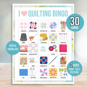 Quiltbingo, 30 afdrukbare quiltbingokaarten, quiltbingo, quiltfeest, quiltspel, quiltbingospel, quiltgildespel, quiltretraite