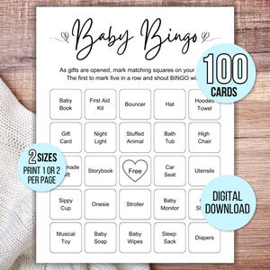 100 Baby Shower Bingo Cards, Unique Prefilled Baby Bingo Game Cards, Baby Gift Bingo Cards, Baby Shower Bingo Game, Minimalist Baby Bingo