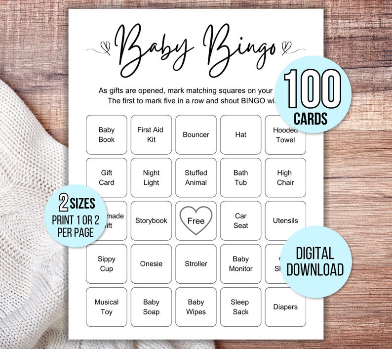100 Baby Shower Bingo Cards, Unique Prefilled Baby Bingo Game Cards, Baby Gift Bingo Cards, Baby Shower Bingo Game, Minimalist Baby Bingo