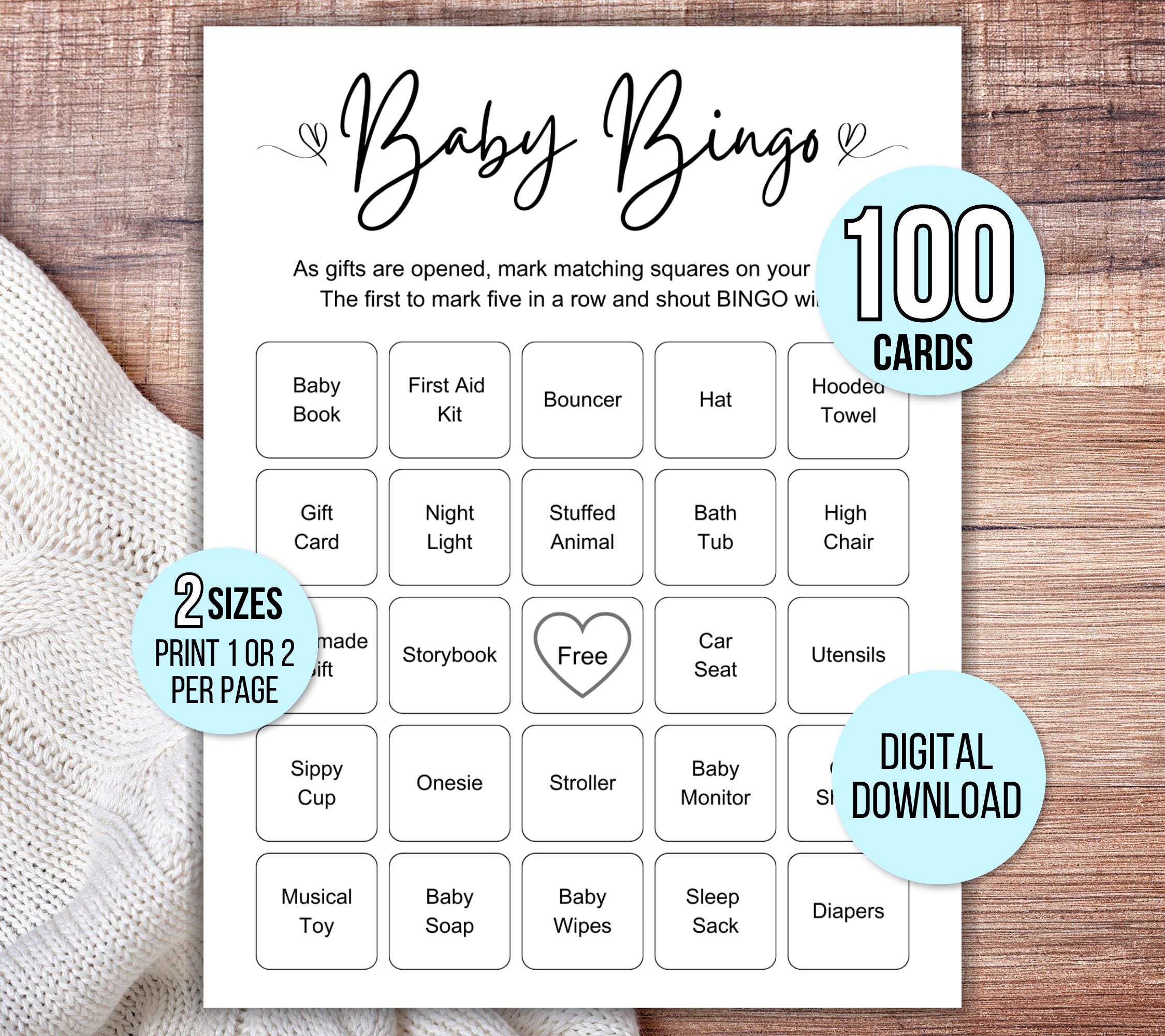 100 Baby Shower Bingo Cards, Unique Prefilled Baby Bingo Game Cards, Baby Gift Bingo Cards, Baby Shower Bingo Game, Minimalist Baby Bingo