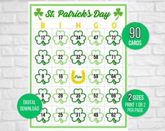 St. Patrick's Day Bingo, 90 St. Patrick's Day Bingo Cards, St. Patrick's Day Activity, St. Patrick's Party Game, St. Paddy's Activity